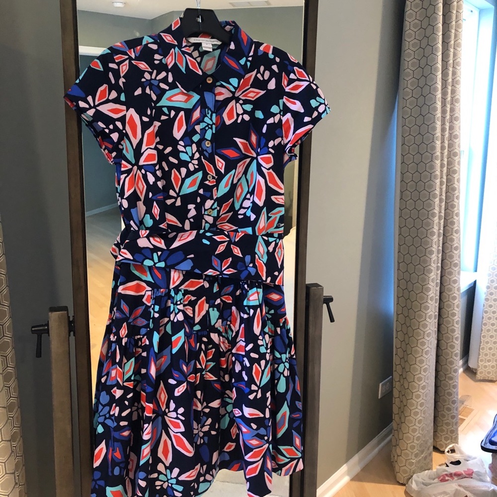 DVF Navy Patterned Button Down Dress with Belt